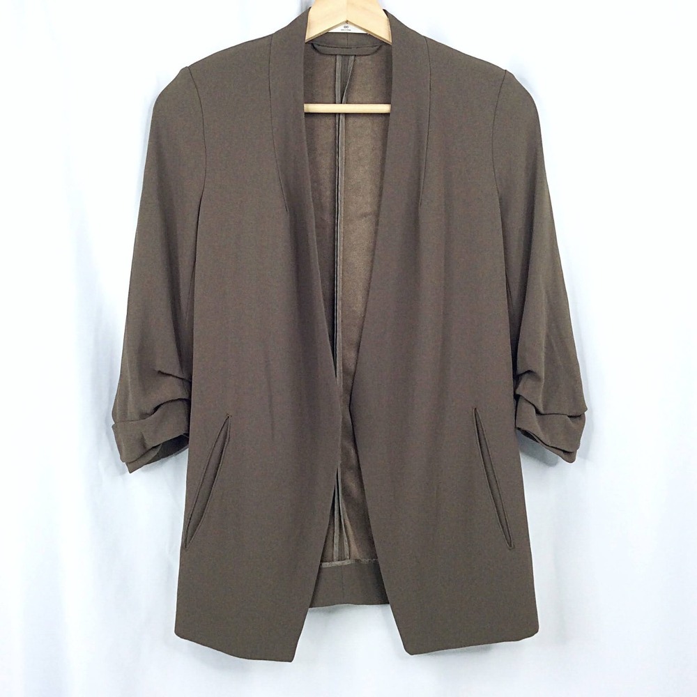 Aritzia Babaton Open Front Blazer Jacket Womens Size 00 Brown Ruched 3/4 Sleeves